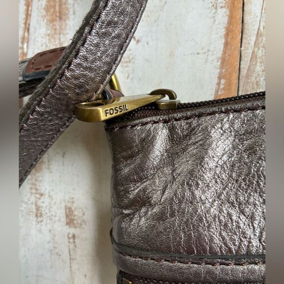 FOSSIL vintage 90s crossbody explorer bag leather purse metallic gun metal gray - Picture 7 of 16